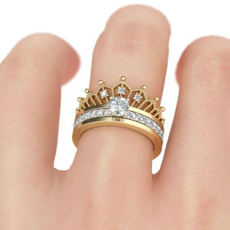 

New simple detachable crown women's ring with micro-set zircon two-piece two-in-one ring