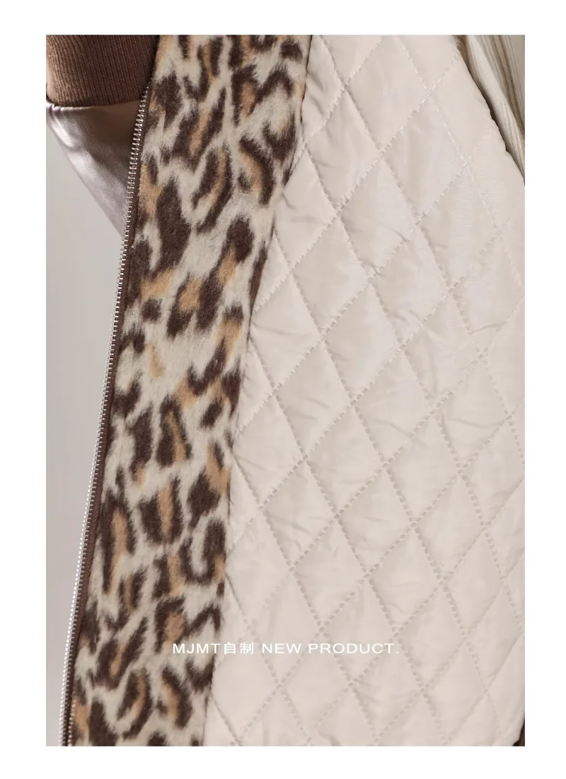 Winter Leopard Print Design Sense Splicing Leather Sleeves Baseball Cotton Clothes Thickened Loose and Thin Padded Jacket Women
