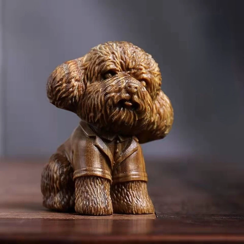 

Green Sandalwood Cliff Cypress Wood Carving Hand Handle Piece Zodiac Dog Teddy French fighting dog Home Decoration Tea Pet
