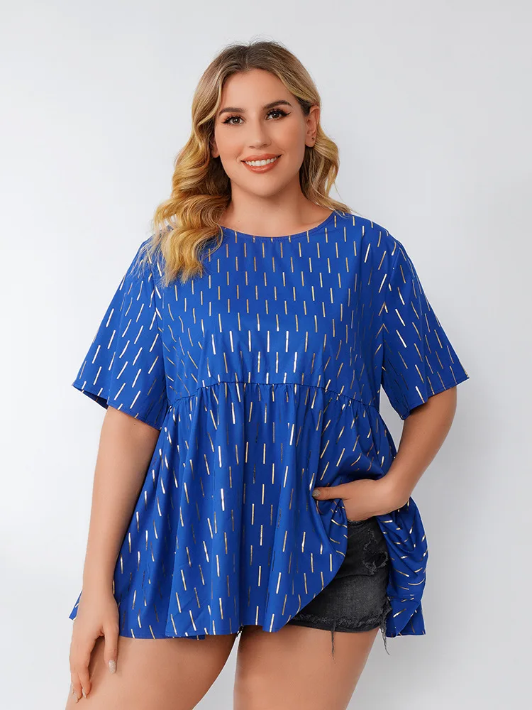 

Casual Plus Size Blouse Summer Curvy Women's Ruffle Short Sleeve Sequin Loose O Neck T-Shirt Blue Tops 4XL for Ladies