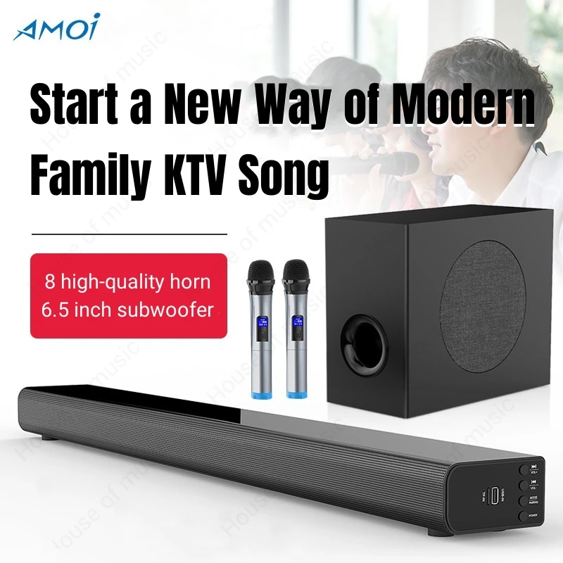 

100W TV High-end Super Bass Sound Bar with Two Wireless Mic Hi-fi Great Sound Surround Home Theatre KTV System Bluetooth Speaker
