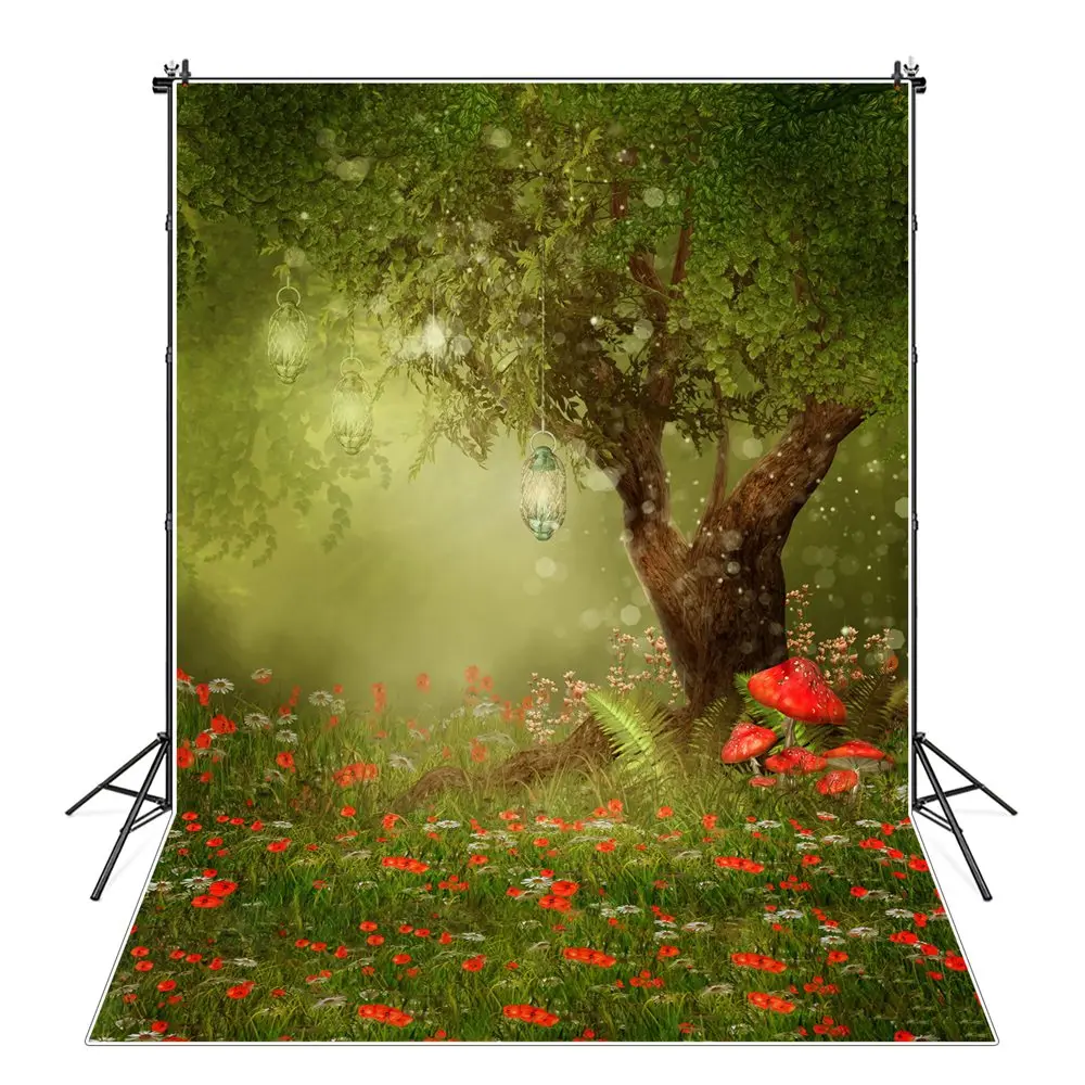 

Fairy Tale Wonderland Forest Photography Backgrounds Mushroom Flowers Dim Lights Old Trees Backdrops Photographic Portrait Props
