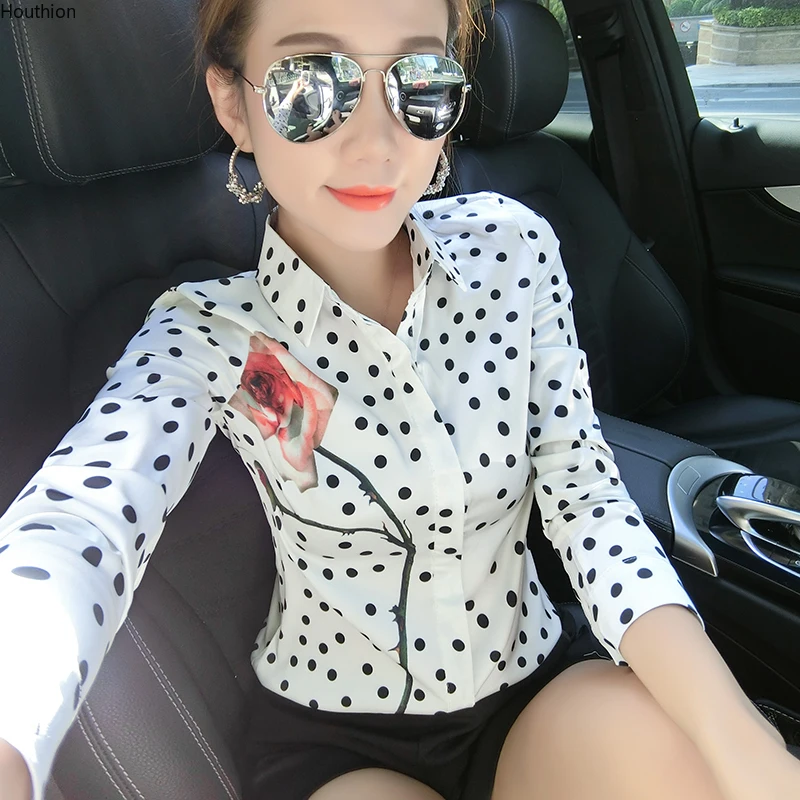 

Блузка женская в горошек, Повседневная модная рубашка-поло из вискозы с длинным рукавом, весна-лето