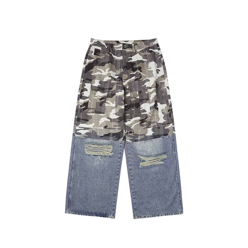 Retro Tattered Jeans Stitched Camouflage Printed Men and Women Street Fashion Brand Loose Wide-Leg Draggle-Tail Trousers