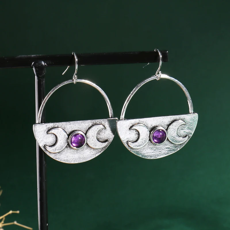 

Bohemian Retro Ethnic Moon Drop Earrings Charms Jewelry Round Purple Stone Wedding Earrings Engagement Gift for Women 2022 New