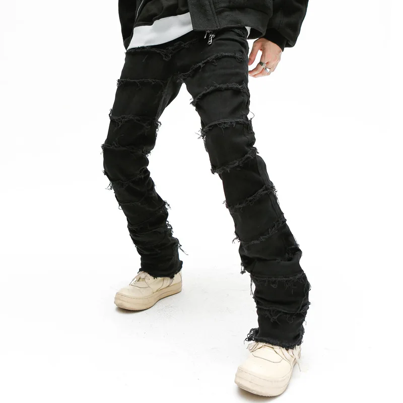 Erosion Damaged Ragged Edge Jeans Men's Fashion American High Street Straight Tube Slim Micro Flare Pants
