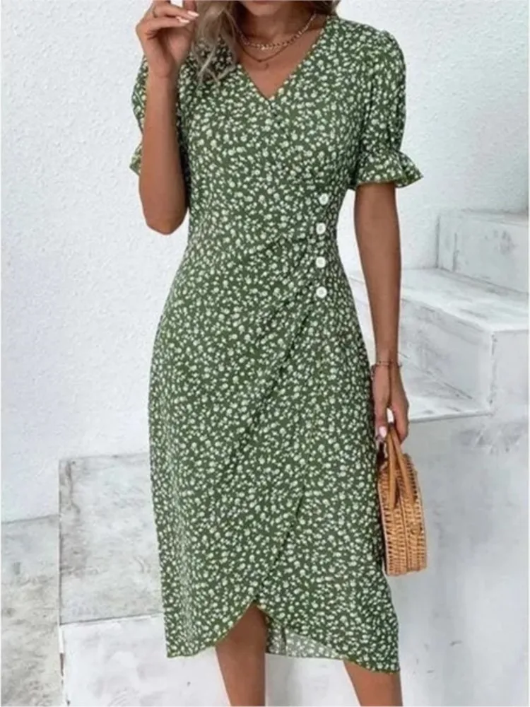 

Summer Women Floral Fashion Dress 2023 New Casual Elegant V Neck Short Sleeve Office Party Dress Female Holiday For Robe Femme