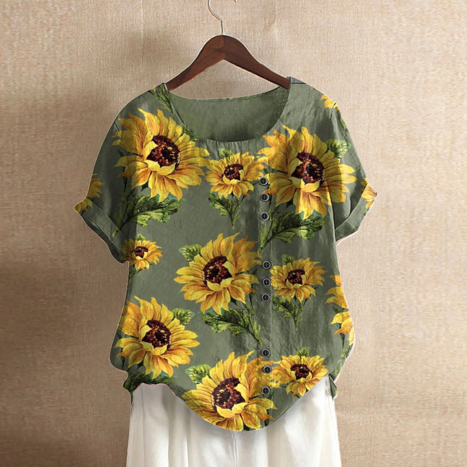 

Summer Women Blouse Loose Casual Sunflowers Print O-neck Buttons Tunic Shirts Cotton Linen Boho Beach Blouse Blusas Femininas