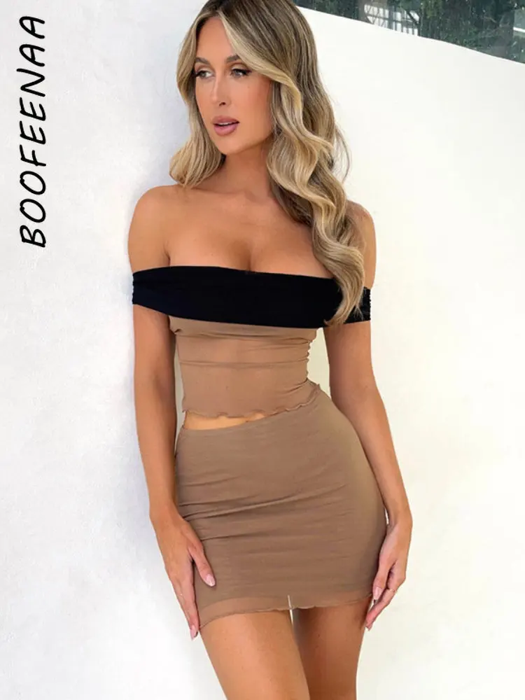 

BOOFEENAA Frill Mesh Sheer 2 Piece Short Sets Off Shoulder Crop Top Skirt Cute Matching Sets Womens Outfits Summer 2023 C15-CB19