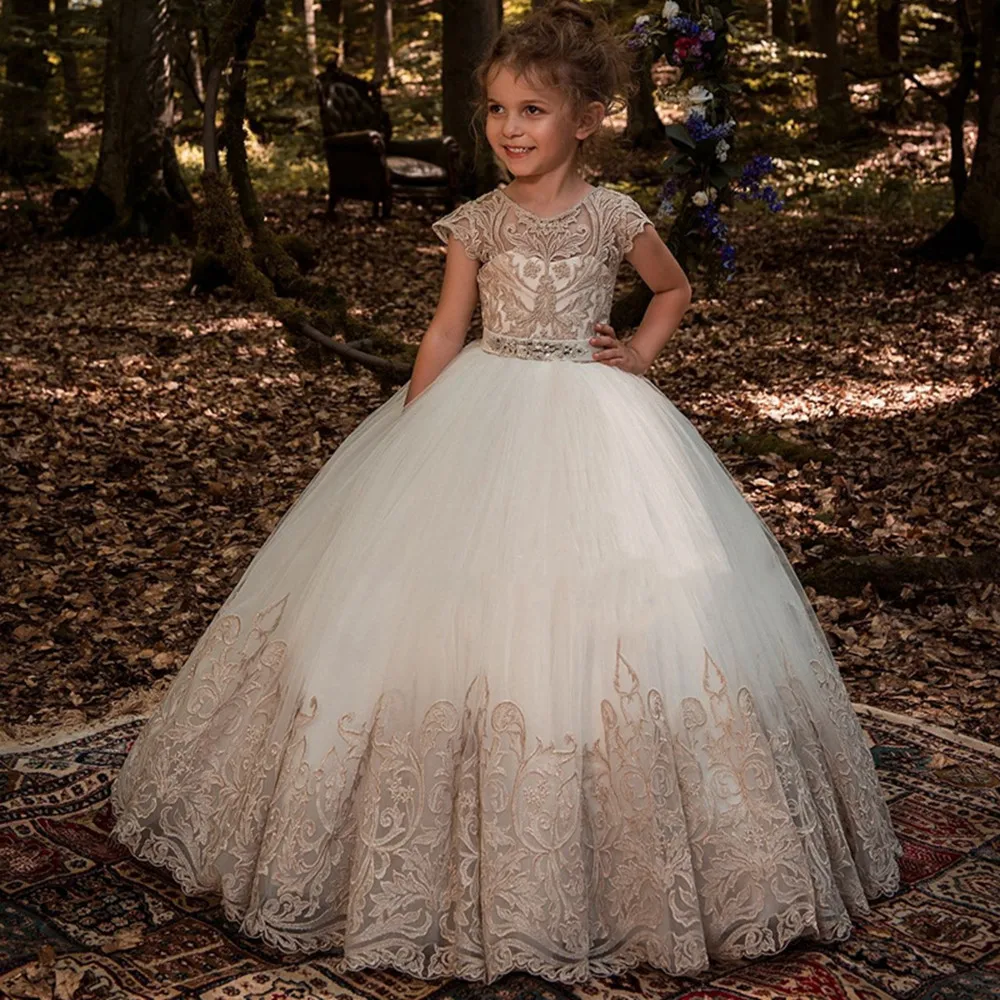 

Ball Gown Flower Girl Dresses 2022 Appliques Short Sleeves Kids Princess Dress For Weddings First Communion Dress Pageant Gowns