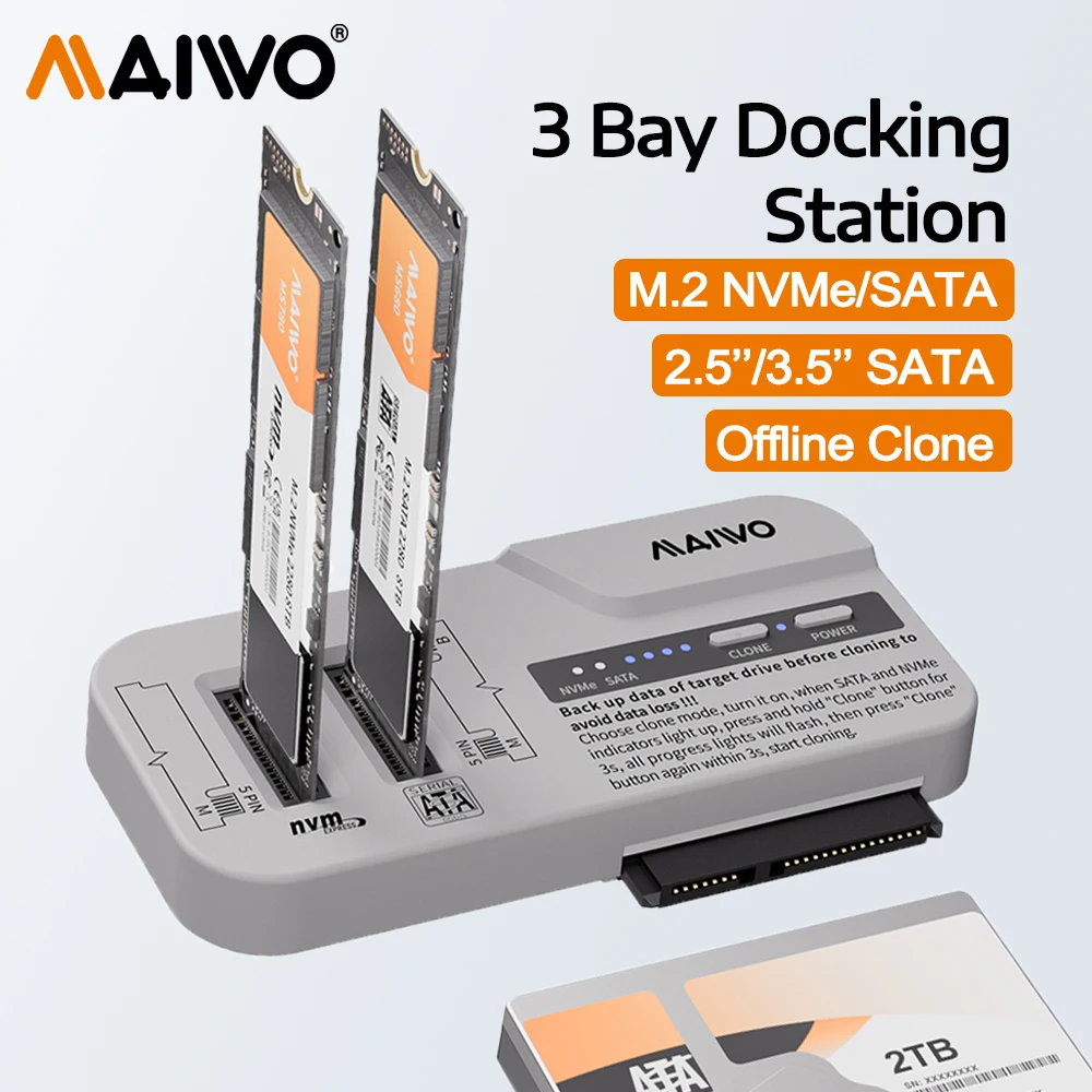 Фото Корпус док-станции MAIWO 3 Bay M.2 NVMe SATA SSD и корпус 2,5 3,5-дюймового жесткого диска SATA с поддержкой адаптера 30 ТБ/8 ТБ для автономного клонирования №1