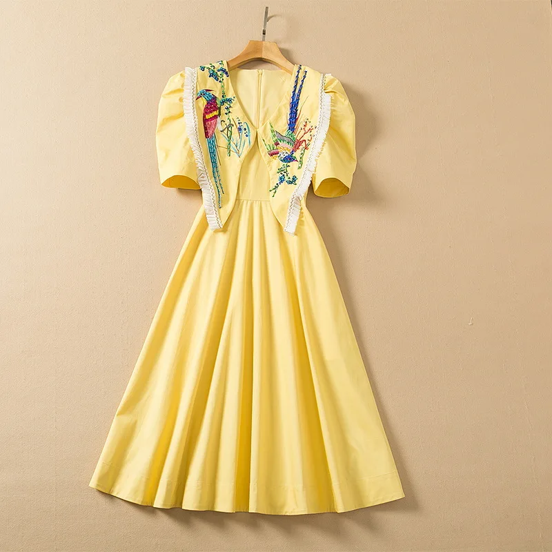 

European and American women's wear spring 2022 new Short-sleeved bird embroidered beaded lapels Fashion yellow pleated dress
