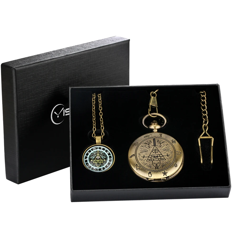 Pocket Watch Sets Weird Town Triangle One-eyed Devil Cover Quartz Fob Chain Pocket Clock Collected Necklace Pendant Gift Set