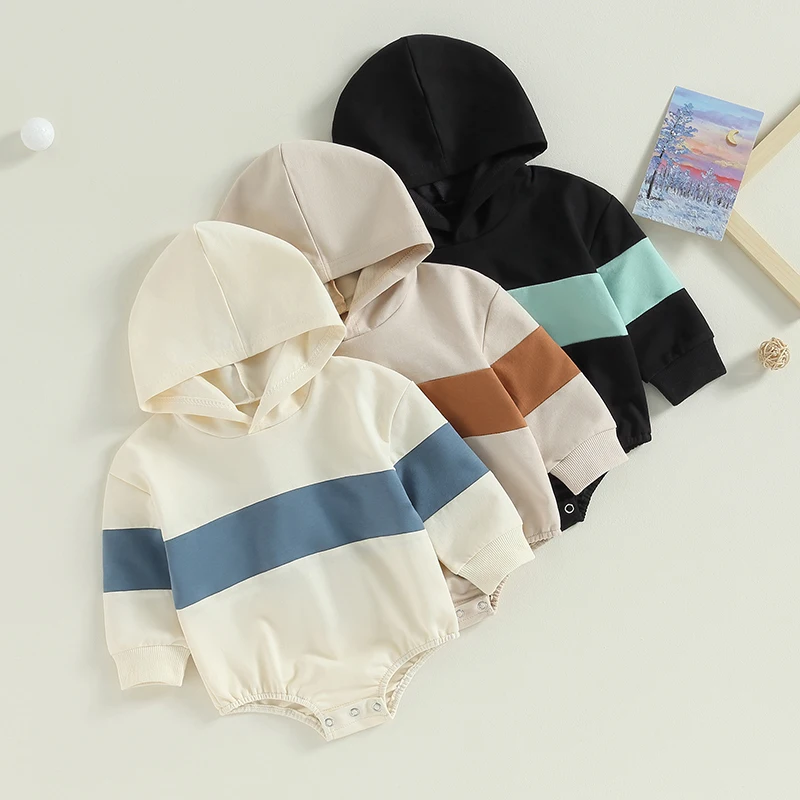 

Fall Spring New Baby Boy Girls Hooded Romper Long Sleeve Contrast Color Bodysuit Clothes Kids Infant Fashion Casual Jumpsuit