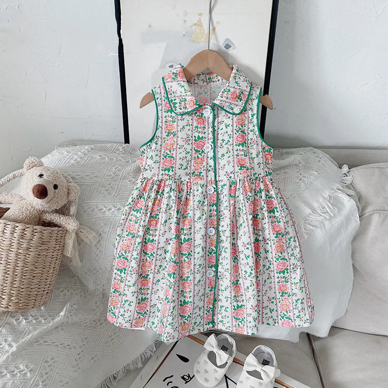 

Baby Kids Fashion Floral Retro Dress Girls Sleeveless Princess Party Wedding Daily Dress Casual Summer Pop Cotton Dress 2-7Y