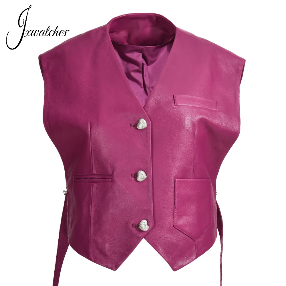 Jaxwatcher Women Real Leather Vest New Arrival Autumn Vintage Aesthetic V Neck Sleeveless Ladies Genuine Sheepskin Waistcoat