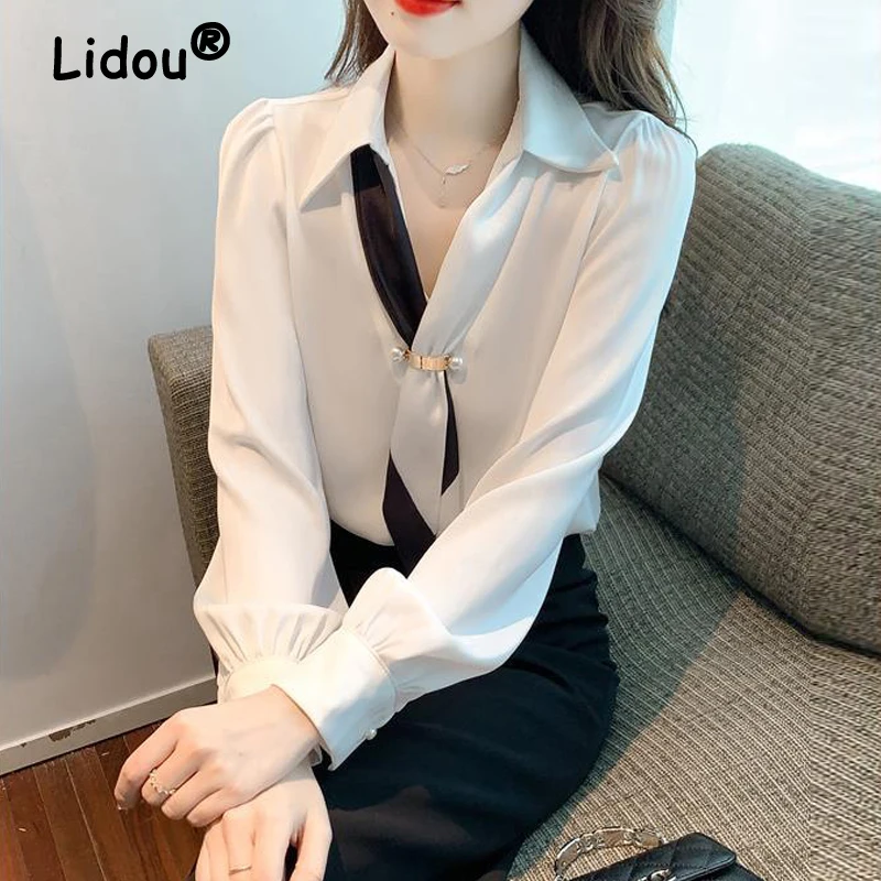 

Женская Элегантная блузка с галстуком-бабочкой, роскошная дизайнерская модная деловая Повседневная офисная рубашка в Корейском стиле, топ с V-образным вырезом и длинным рукавом для весны и осени