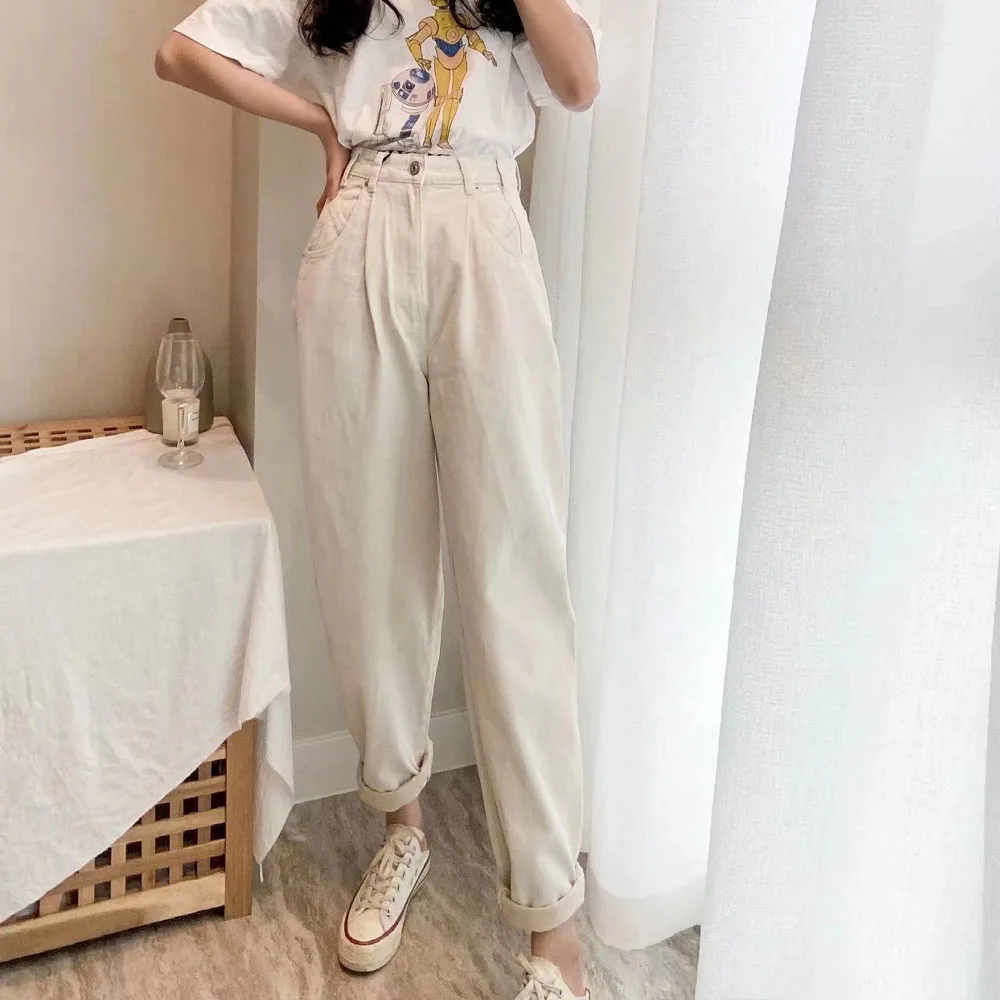 

Women's 2022 Spring New Fashion All-match Solid Color Loose Jeans Casual Pleated Four Pocket Zipper High Waist Women's Pants