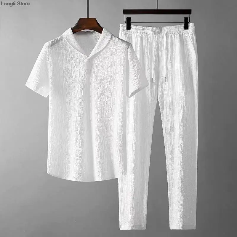 2Pcs/Set Summer Thin Casual Sports Suit Men Pleated Short Sleeve T Shirt + Long Pants Two Piece Set Male Outfit Tracksuit