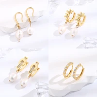 two flowers zirconium baroque pearl ear buckles for womens special gift real gold earrings