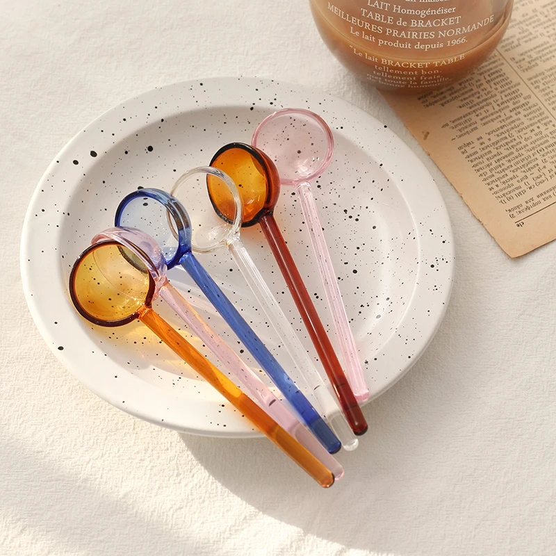 

Молочная десертная ложка, цветная прозрачная, устойчивая к высоким температурам стеклянная ложка, милая длинная ручка, оригинальная