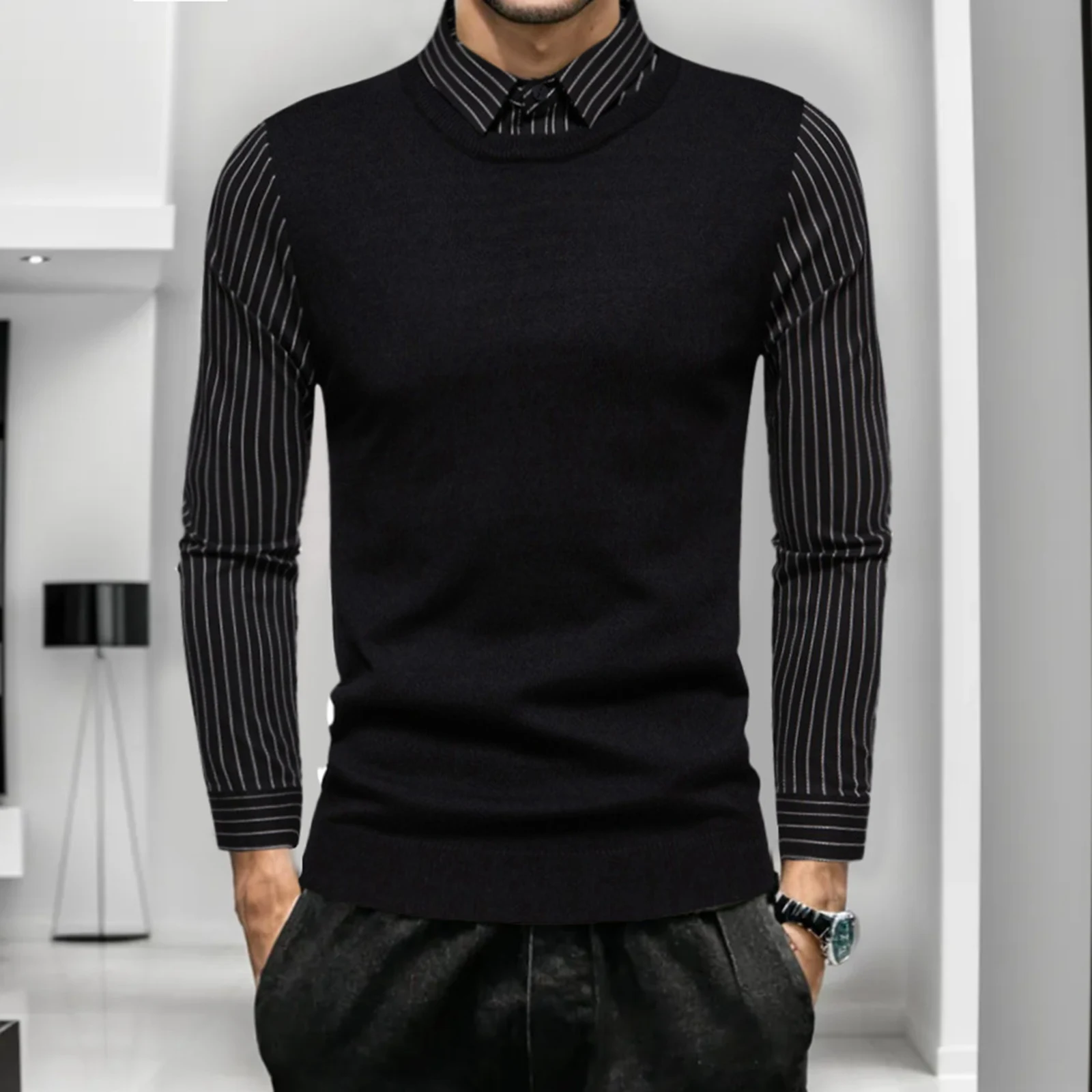 

Мужская осенне-зимняя приталенная блузка в британском стиле полосатая рубашка из двух предметов красивый модный топ рубашка искусственная уличная одежда