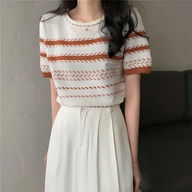 

Urbane Knit Short Sleeve T-Shirt Chic Cute Top Striped Summer Women Aesthetic Design Free Shipping