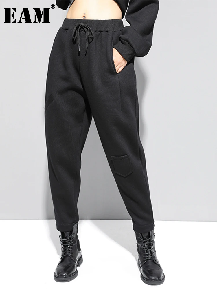 

[EAM] High Elastic Waist Black Thick Pocket Long Harem Trousers New Loose Fit Pants Women Fashion Spring Autumn 2022 1DD0436