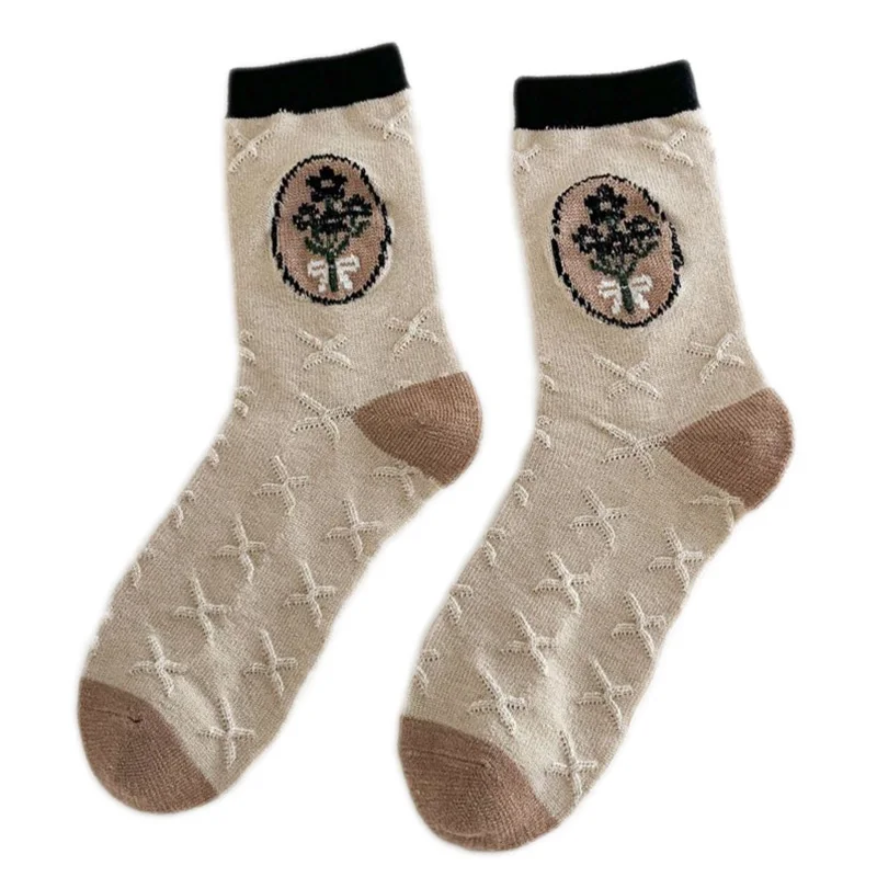 5 Pair Long Winter Wool Socks Women  Vintage Print Cashmere Socks Keep Warm Thick Fashion Diamond Girl Style Cute Cycling Sokken