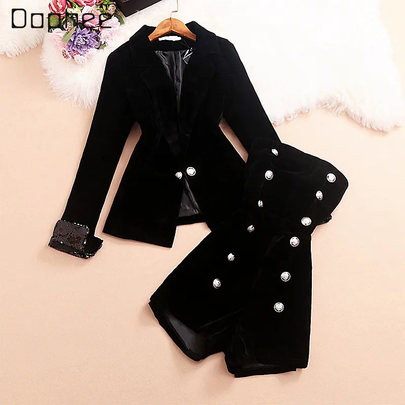Women's New Suit Coat and Jumpsuit Two-Piece Suit Elegant Suit Collar Long-Sleeved Velvet Coat Double-Breasted Tube Top Sets