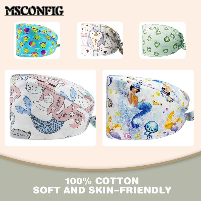 

Cute Cartoon Small Animal Print Ladies Nurse Cap Dentist Adjustable Beauty Salon Nursing Unisex Surgical Scrub