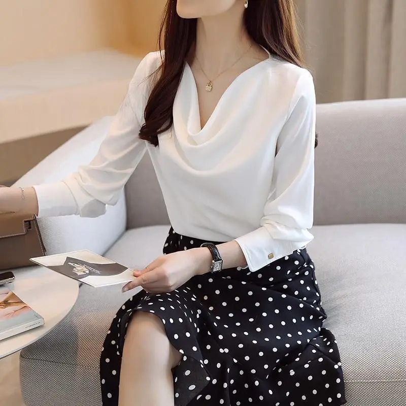 Spring and Autumn Women's New  White Shirt Long Sleeve Silk Satin One Collar Chiffon Top Off Shoulder Shirt Korean