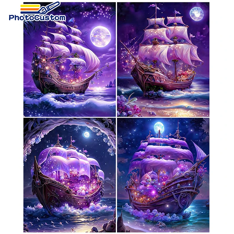 

PhotoCustom Paints By Numbers Purple Scenery Boat Diy Craft Kits On Canvas Handmade Oil Picture Drawing Coloring By Number Decor