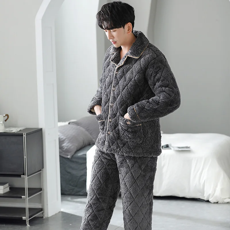 QUHENG Flannel Sleepwear New Men's Thicken Warm Winter Fleece Pajamas Set Nightgown Long Sleeve Button  Pijamas Home Clothes