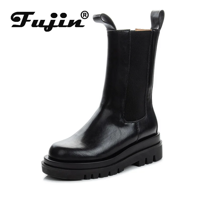 

Fujin 5CM Ankle Boots Genuine Leather Chelsea Punk Motorcycle Mid Calf Booties Women Winter Platform Chunky Heel Non Slip Shoes