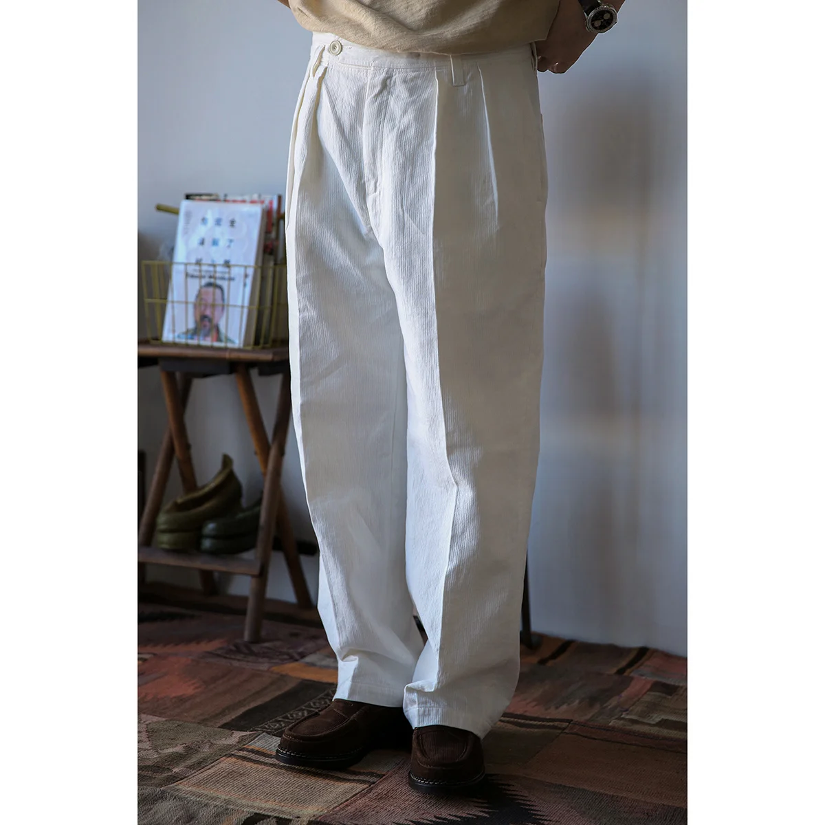 Second Order Cotton Linen Pleated Trousers White Men Informal Pants Straight Fit