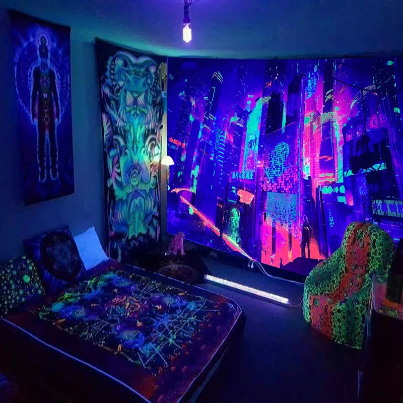 

Black Light Tapestry Wall Hanging UV Reactive Psychedelic World Hippie Tapestry for Bedroom Dorm Indie Room Decor