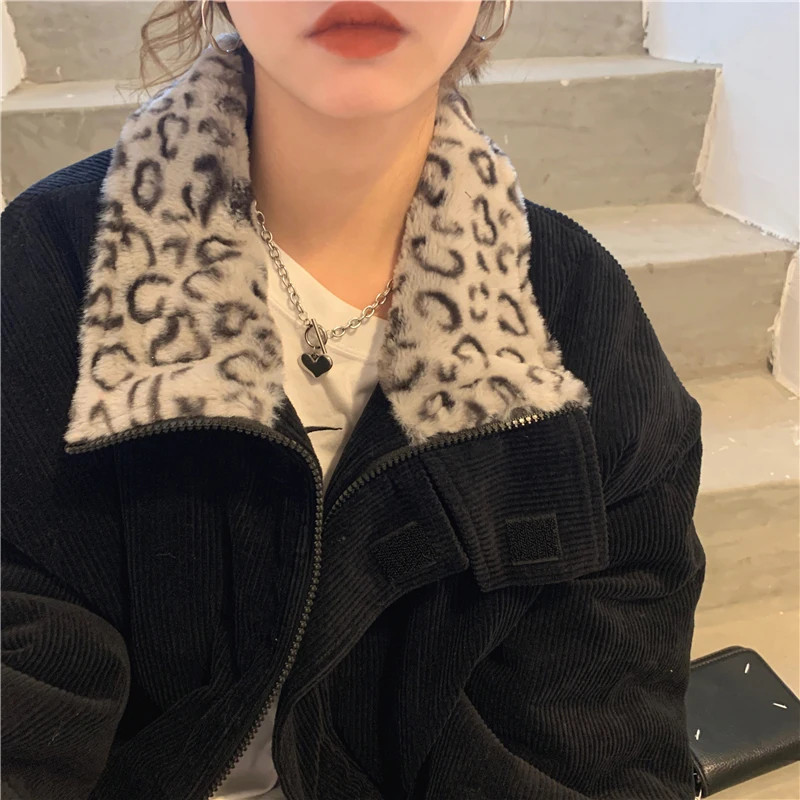 Cool Girl Coat New Winter Leopard Print Stitching Women's Coat Corduroy Warmth Loose Casual Women's Coat Elegant Tops Streetwear