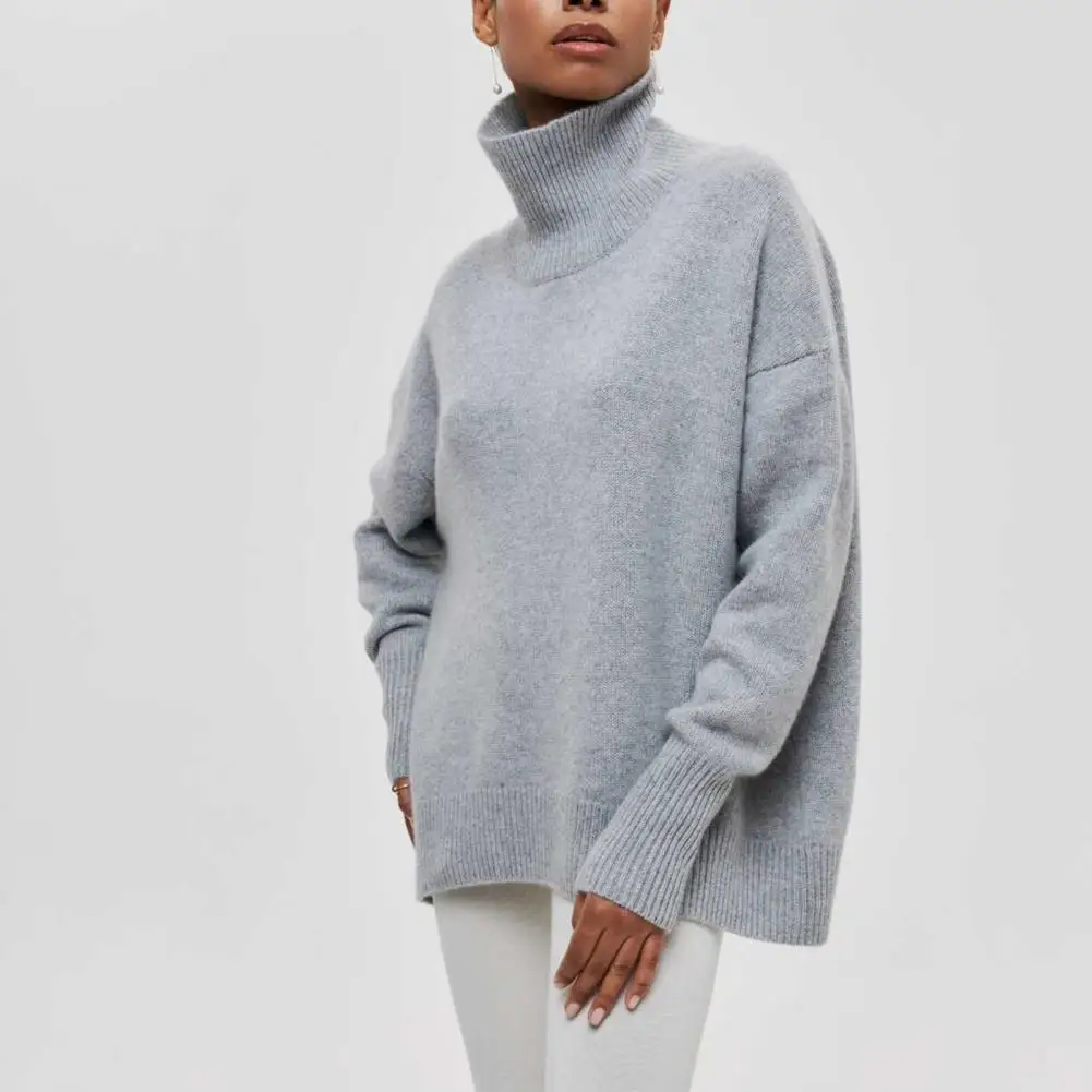 

Women Autumn Winter Sweater High Collar Neck Protection Solid Color Thick Soft Warm Loose Knitted Casual Elastic Pullover Top