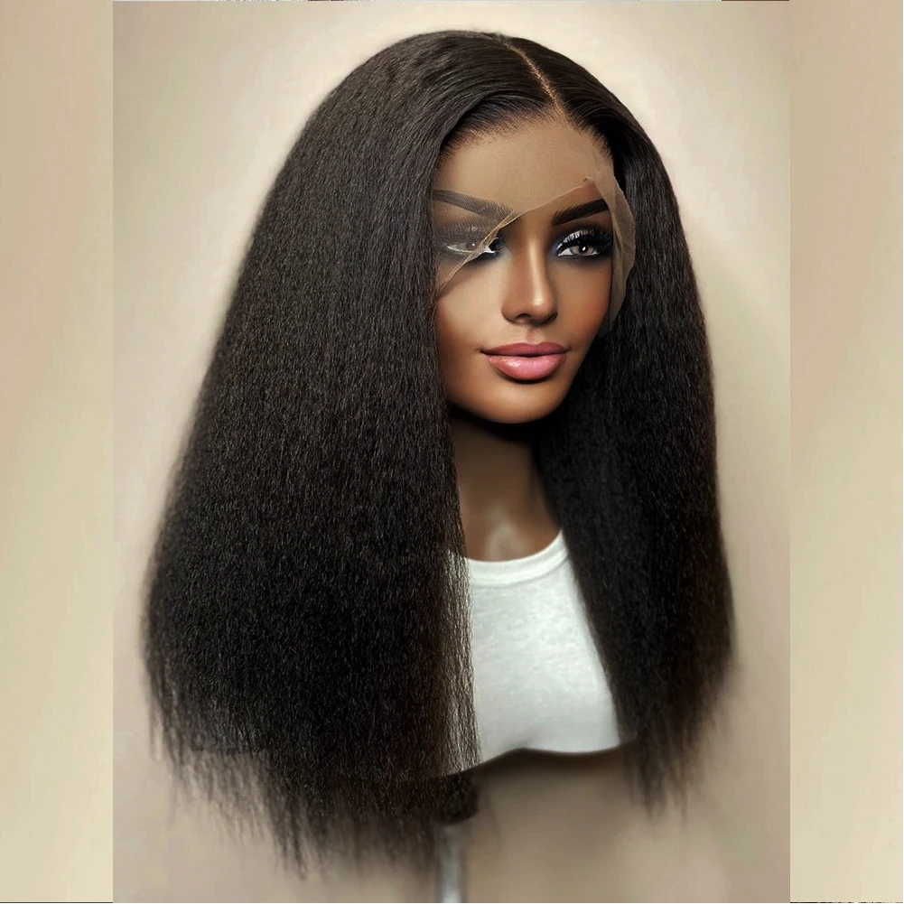 200 Density Glueless Yaki Soft Long Kinky Straight 13X4 Lace Wig Natural Black Lace Front Fiber Wig Women Babyhair Preplucked