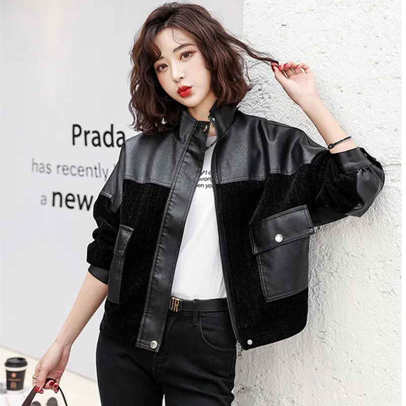 New Spring Autumn Women Black Splicing Leather Jacket 2022 Fashion Design Ladies Zipper PU Biker Coat Female Casual Outerwear