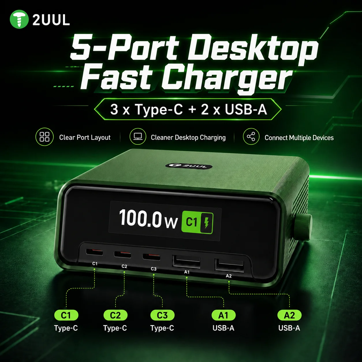 Фото 2UUL PC12 100W Цифровая многопортовая настольная зарядная станция с 3 портами Type-C и 2 портами USB-A для быстрой зарядки телефонов, планшетов и ноутбуков №3