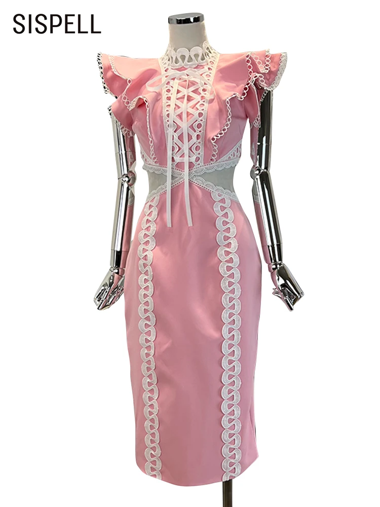 

SISPELL Patchwork Colorblock Dress For Women Stand Collar Sleeveless Hollow Out Sexy Dresses Women's 2022 Summer Fashion Clothes