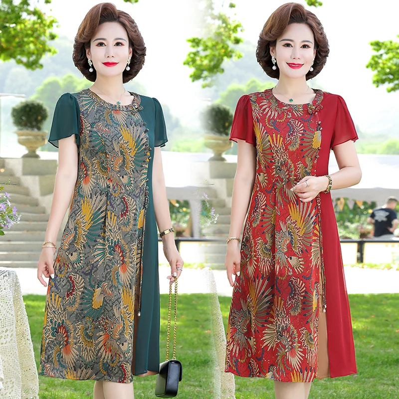 

Moms summer dress 2023 new style wide lady western noble middle-aged and elderly womens short-sleeved Midi Vestidos