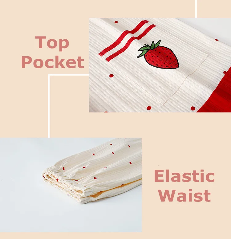 Yasuk Spring Autuum Fashion Women's Casual Print Pocket Sleepwear Homewear Cute Lovely Pajamas With Pants Soft Cotton Strawberry