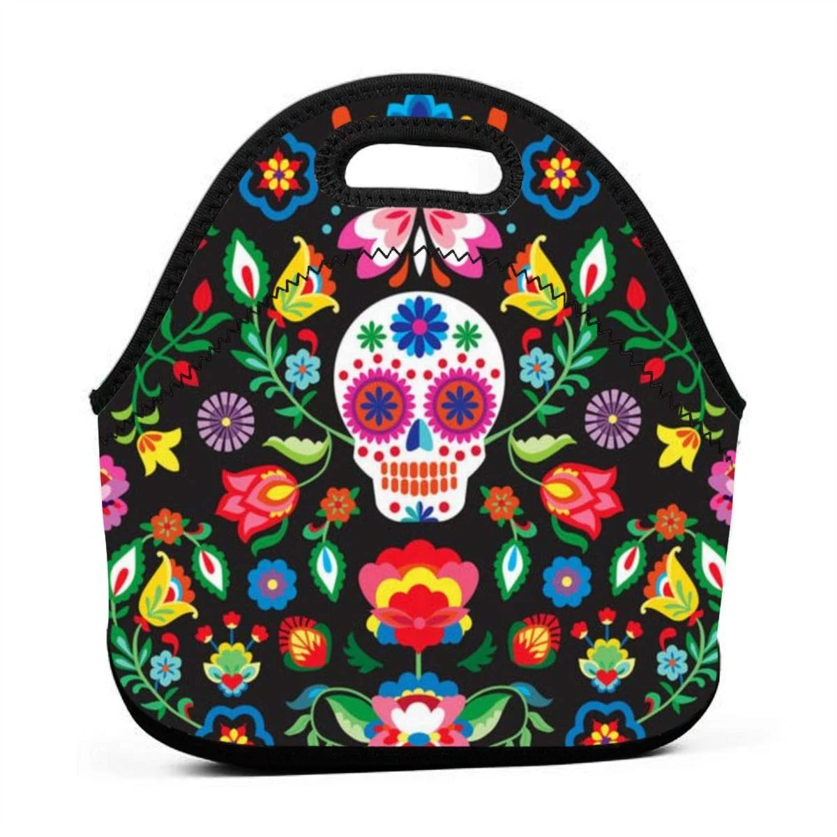 

Mexican Skulls Flowers Insulated Neoprene Lunch Bag Tote Handbag lunchbox Food Container Gourmet Tote Cooler warm Pouch