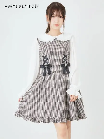 Women's Vintage Dress  Japanese Style Long Sleeve Dress Sweet and Cute Bow Casual Short Dress