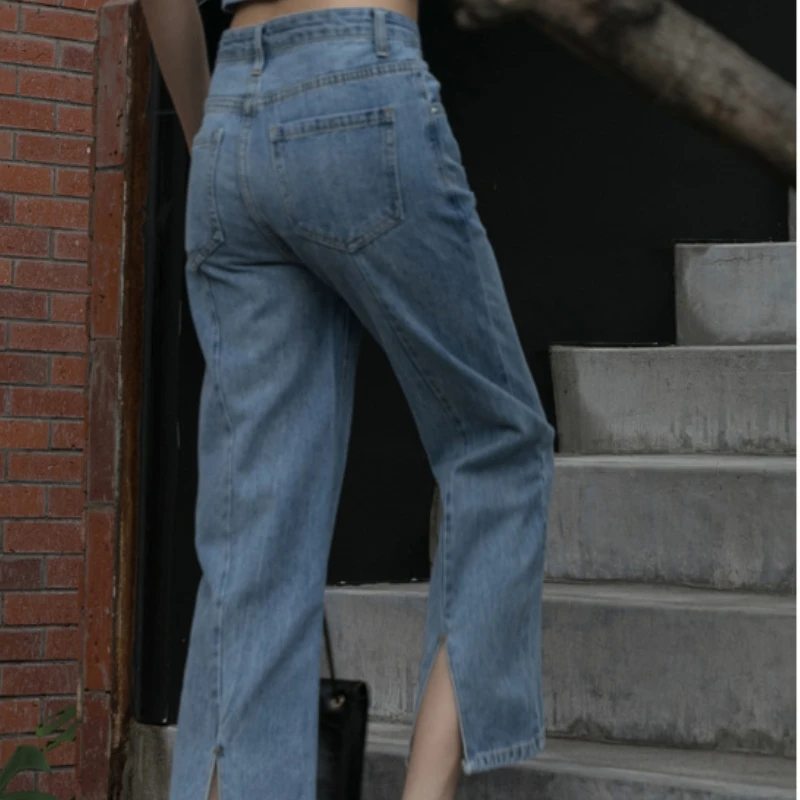 Women's Straight Loose Loose 2023 New Wide-leg Ninth Pants Fall Back Slit High Waist Blue Jeans Summer Female New Solid Trouser