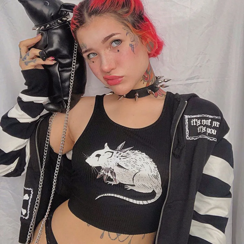 

Mouse Print Goth Sexy Bodycon Cropped Tops Harajuku ONeck Knitted Basic Tank Top