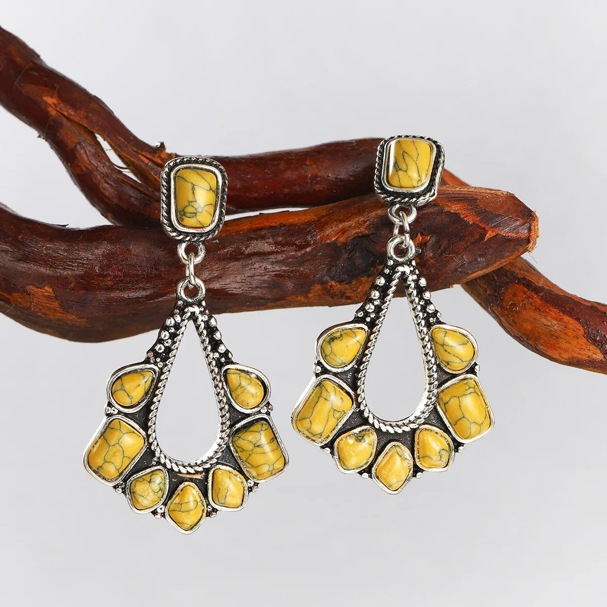 

New Design Boho Turquoises Yellow Blue White Natural Stone Earrings Vintage Hollow Metal Water Drop Handmade Earring for Women